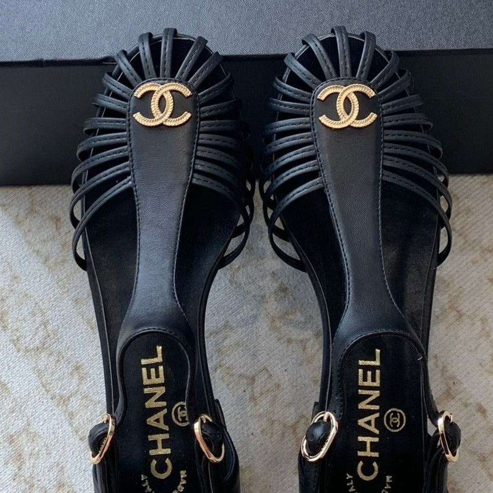 Summer New Hollow Roman Sandals Black Sheepskin