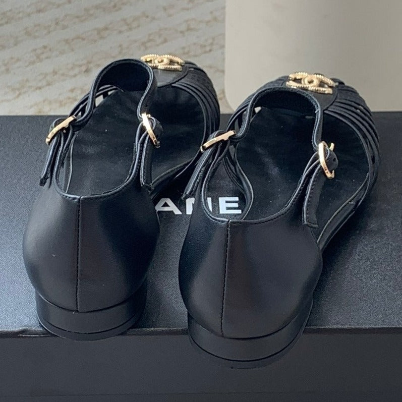 Summer New Hollow Roman Sandals Black Sheepskin