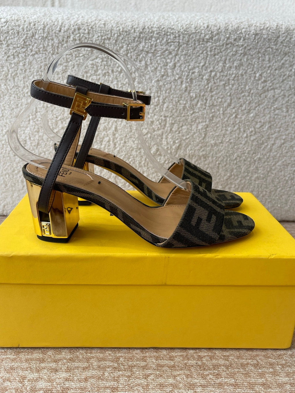 FF FIRST HIGH-HEEL 70MM IN KHAKI FABRIC AND CALFSKIN