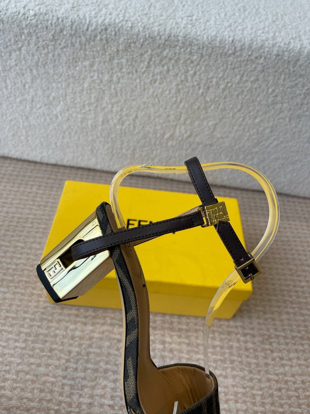 FF FIRST HIGH-HEEL 70MM IN KHAKI FABRIC AND CALFSKIN