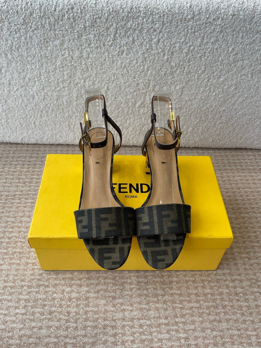 FF FIRST HIGH-HEEL 70MM IN KHAKI FABRIC AND CALFSKIN