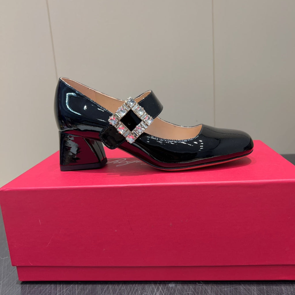 ROGER VIVIER 25S TRÈS VIVIER 50MM IN BLACK CALFSKIN WITH RHINESTONE BUCKLE