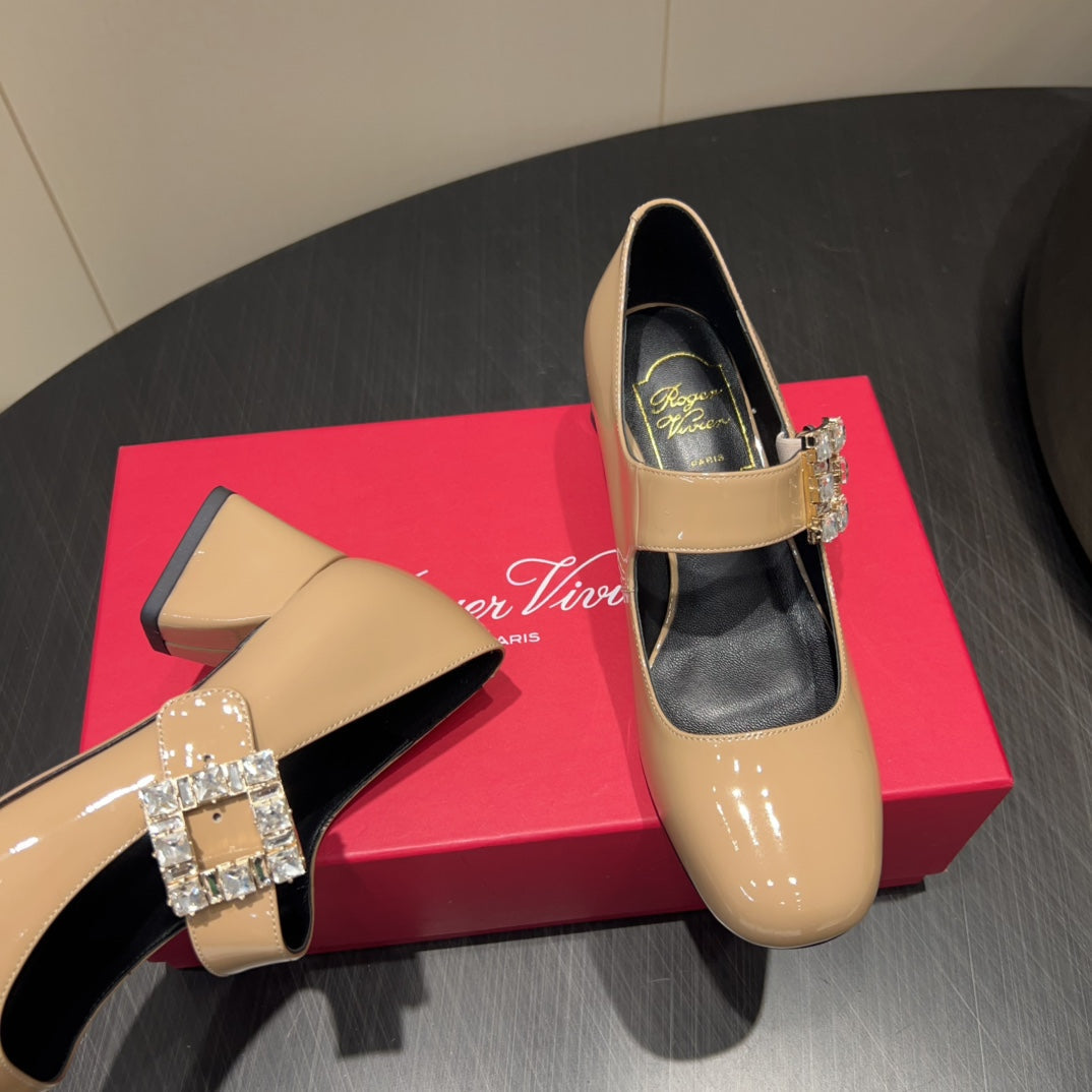 ROGER VIVIER 25S TRÈS VIVIER 50MM IN BEIGE CALFSKIN WITH RHINESTONE BUCKLE