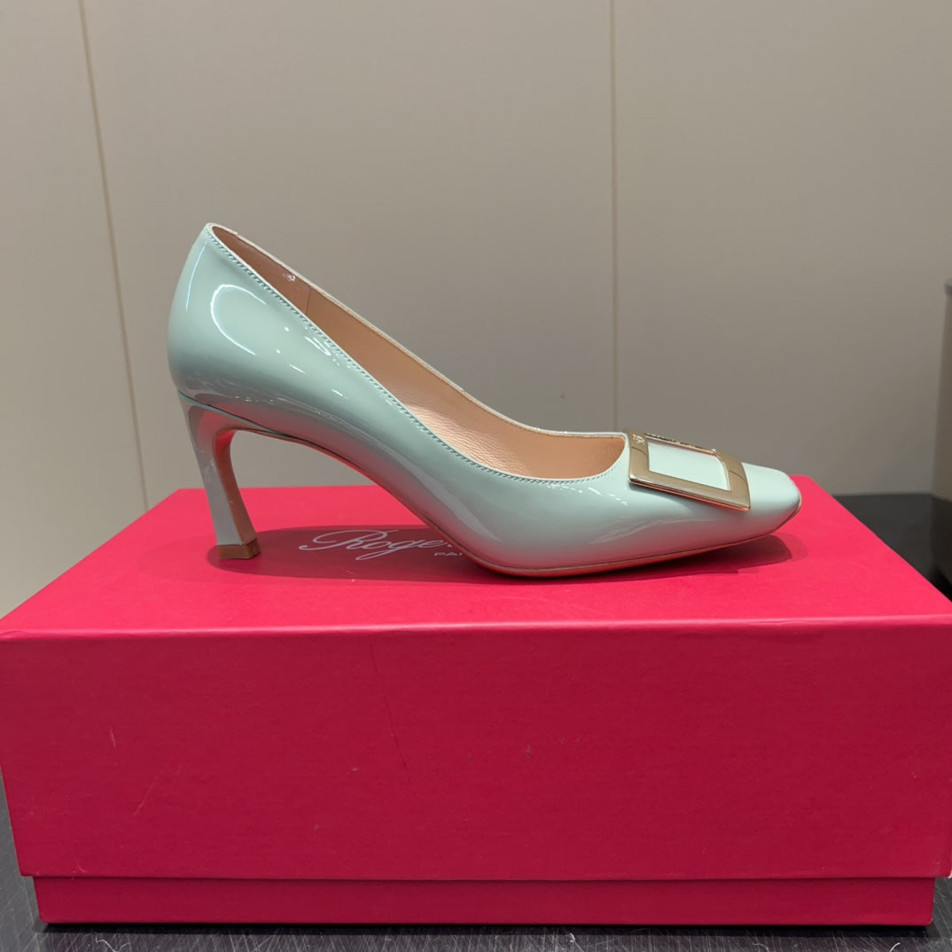ROGER VIVIER 25S BELLE VIVIER PUMPS 70MM IN PALE MINT GREEN CALFSKIN GOLD BUCKLE