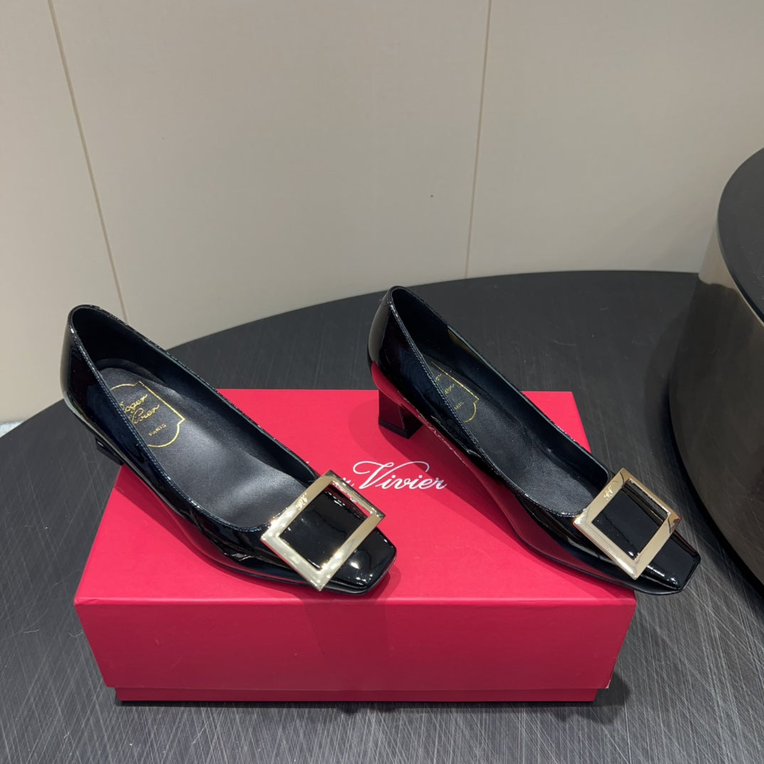 ROGER VIVIER 25S BELLE VIVIER PUMPS 45MM IN BLACK CALFSKIN GOLD BUCKLE