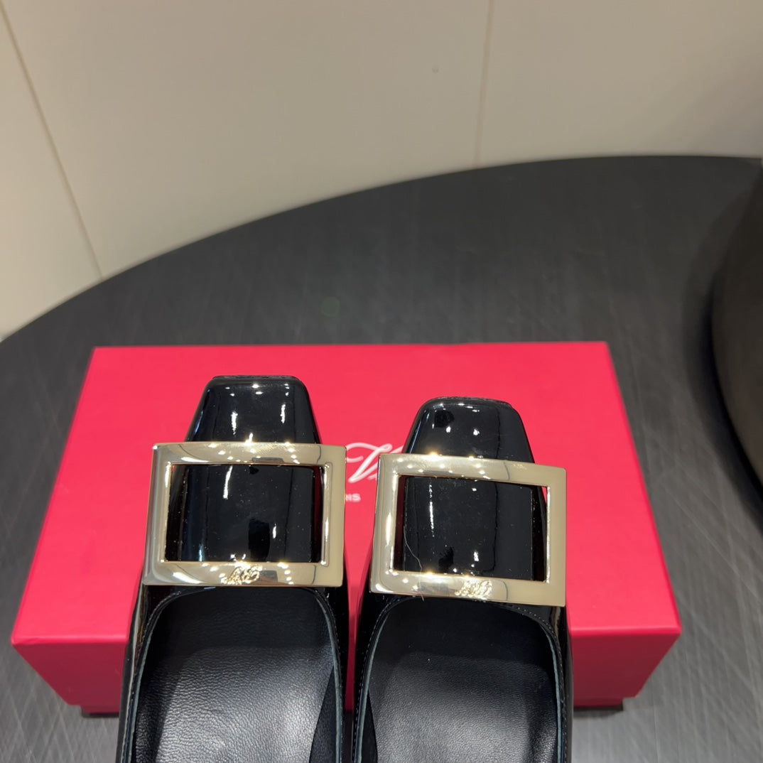 ROGER VIVIER 25S BELLE VIVIER PUMPS 45MM IN BLACK CALFSKIN GOLD BUCKLE