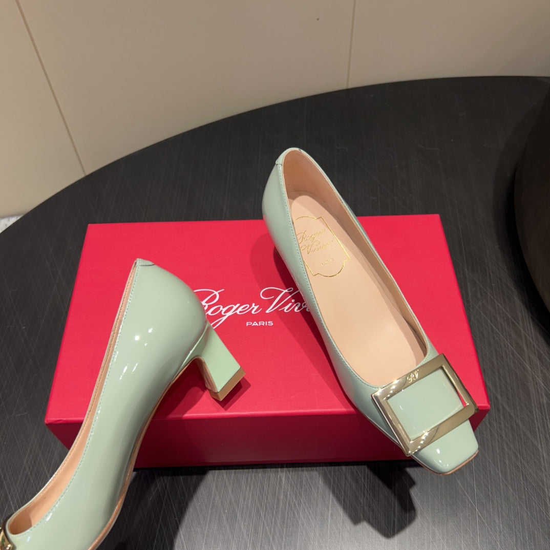 ROGER VIVIER 25S BELLE VIVIER PUMPS 45MM IN PALE MINT GREEN CALFSKIN GOLD BUCKLE