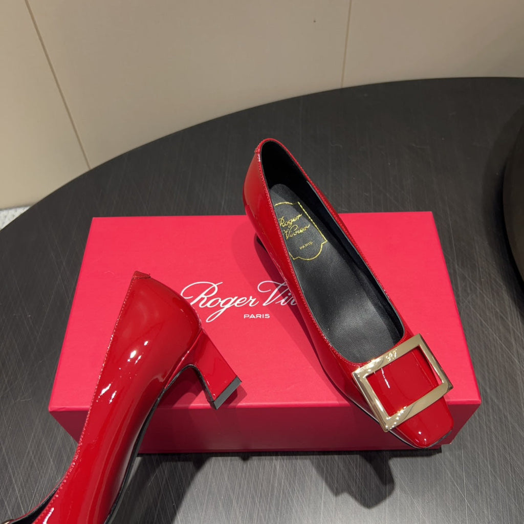 ROGER VIVIER 25S BELLE VIVIER PUMPS 45MM IN CRIMSON RED CALFSKIN GOLD BUCKLE