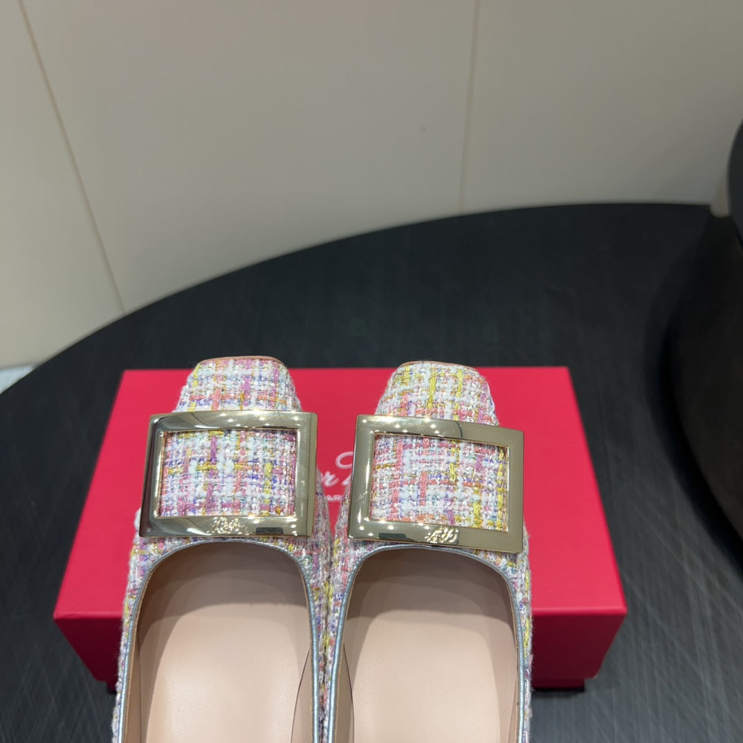 ROGER VIVIER 25S TROMPETTE SQUARE TOE HIGH HEELS 45MM IN PINK TWEED
