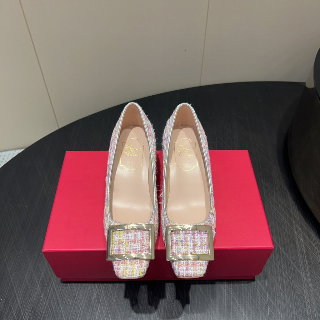 ROGER VIVIER 25S TROMPETTE SQUARE TOE HIGH HEELS 45MM IN PINK TWEED