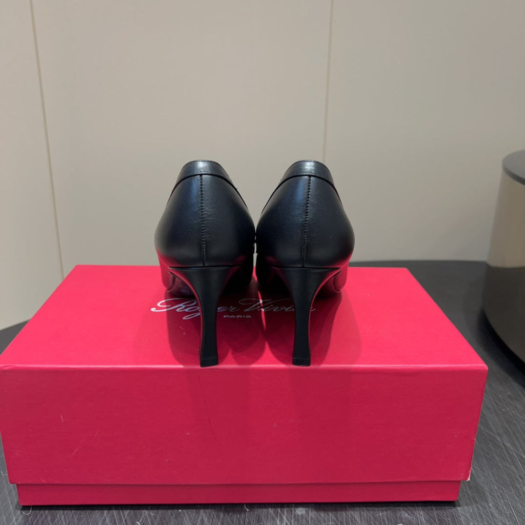 ROGER VIVIER 25S TROMPETTE SQUARE TOE HIGH HEELS 70MM IN BLACK SHINY CALFSKIN