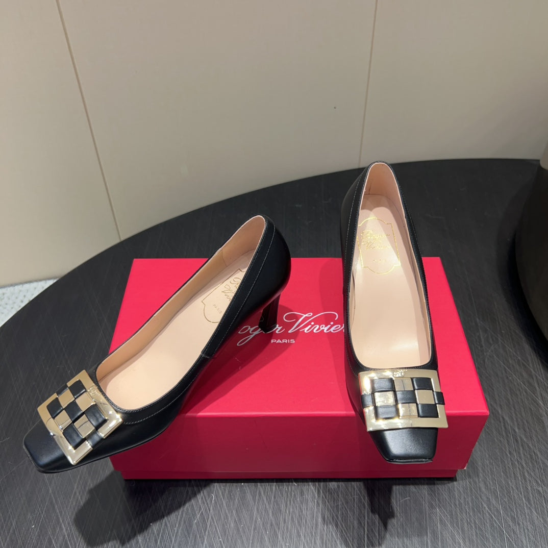 ROGER VIVIER 25S TROMPETTE SQUARE TOE HIGH HEELS 70MM IN BLACK SHINY CALFSKIN