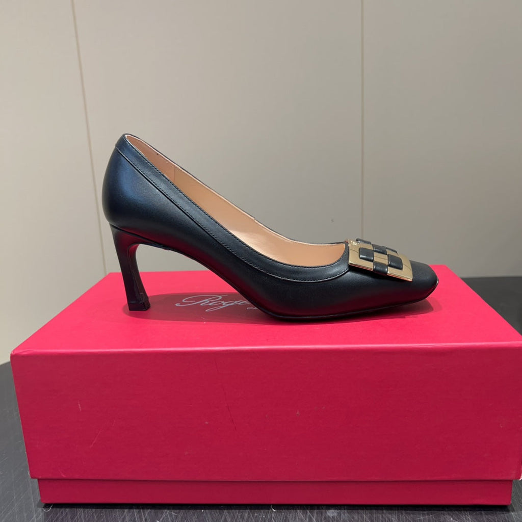 ROGER VIVIER 25S TROMPETTE SQUARE TOE HIGH HEELS 70MM IN BLACK SHINY CALFSKIN