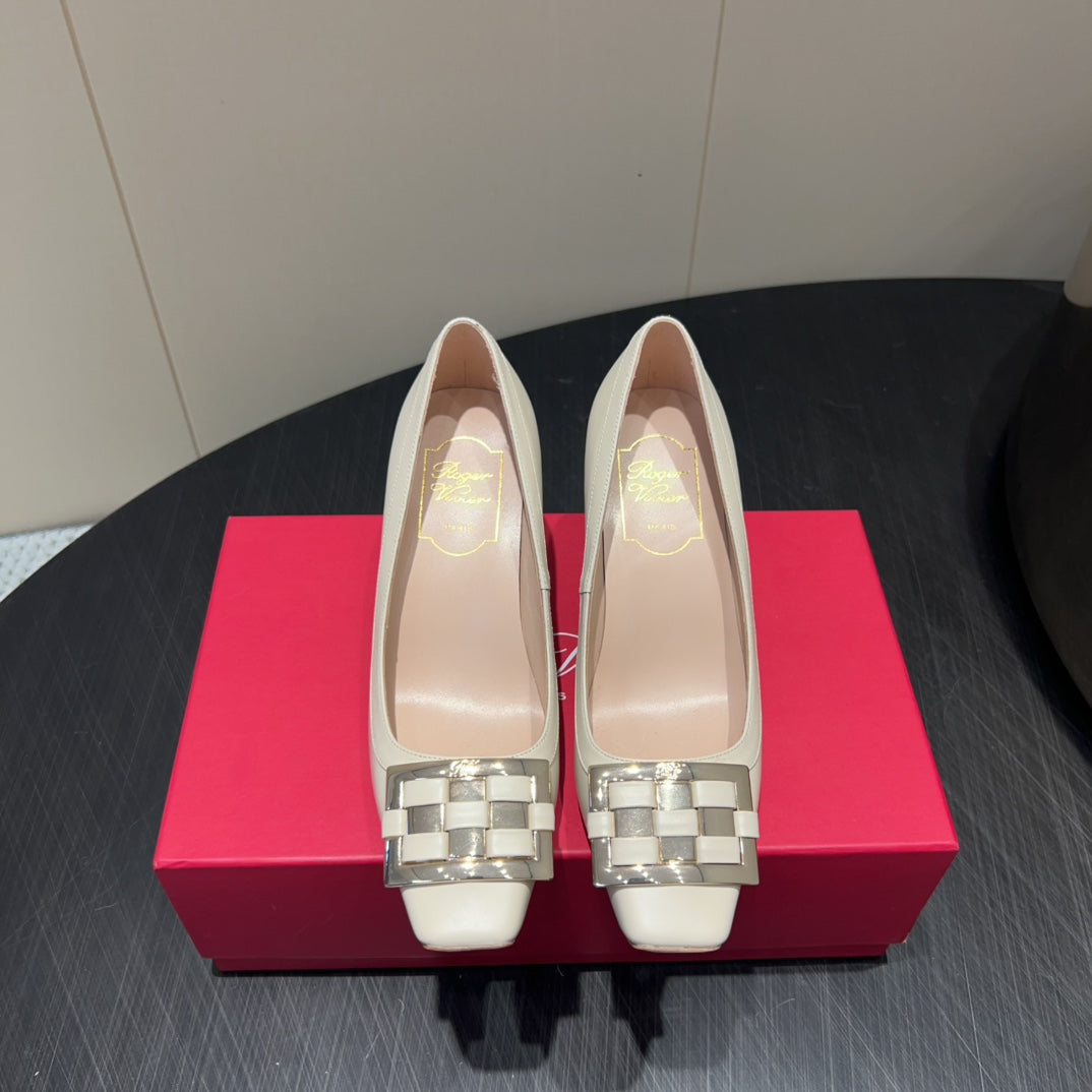 ROGER VIVIER 25S TROMPETTE SQUARE TOE HIGH HEELS 70MM IN IVORY SHINY CALFSKIN