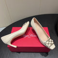 ROGER VIVIER 25S TROMPETTE SQUARE TOE HIGH HEELS 70MM IN IVORY SHINY CALFSKIN