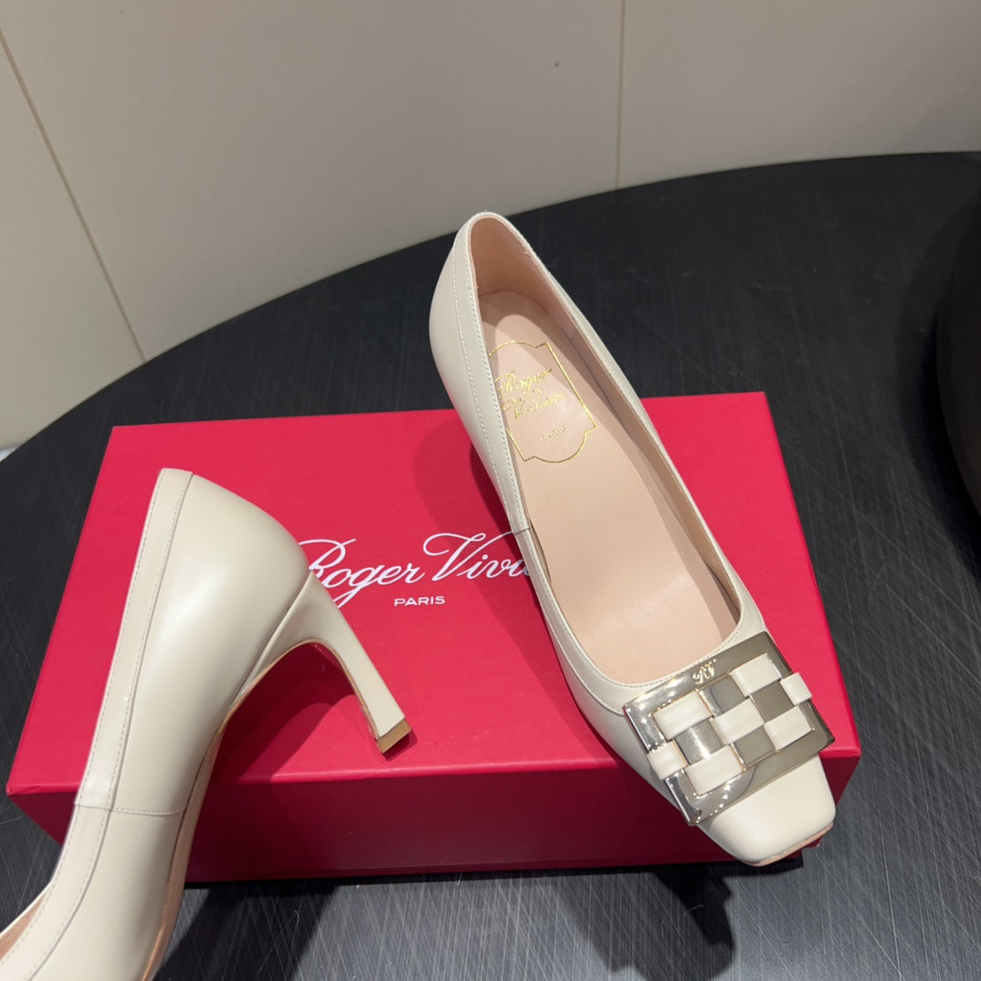 ROGER VIVIER 25S TROMPETTE SQUARE TOE HIGH HEELS 70MM IN IVORY SHINY CALFSKIN