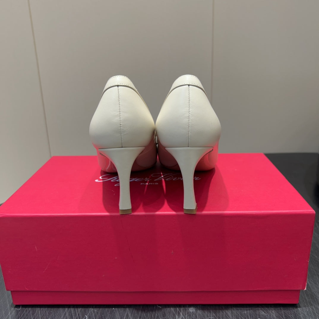 ROGER VIVIER 25S TROMPETTE SQUARE TOE HIGH HEELS 70MM IN IVORY SHINY CALFSKIN