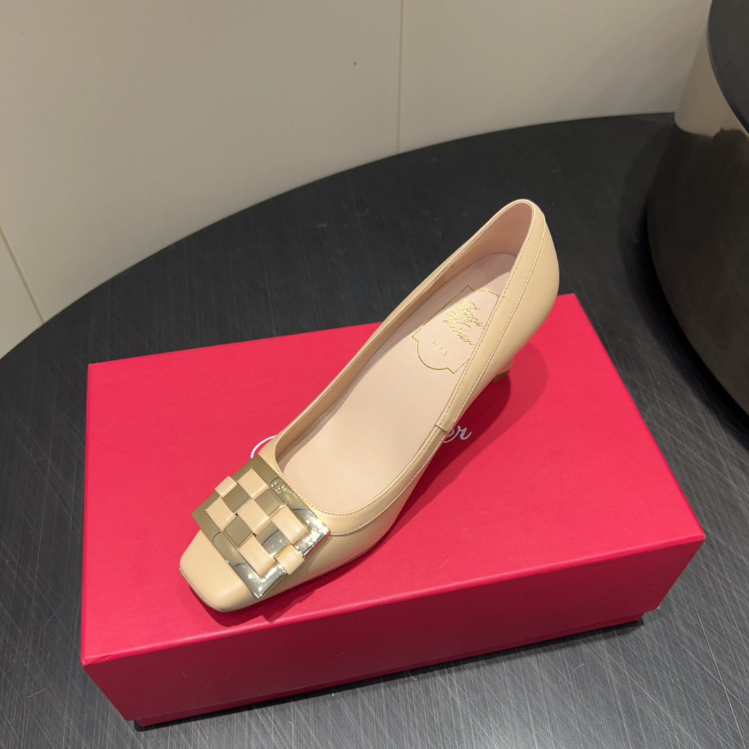 ROGER VIVIER 25S TROMPETTE SQUARE TOE HIGH HEELS 70MM IN NUDE SHINY CALFSKIN