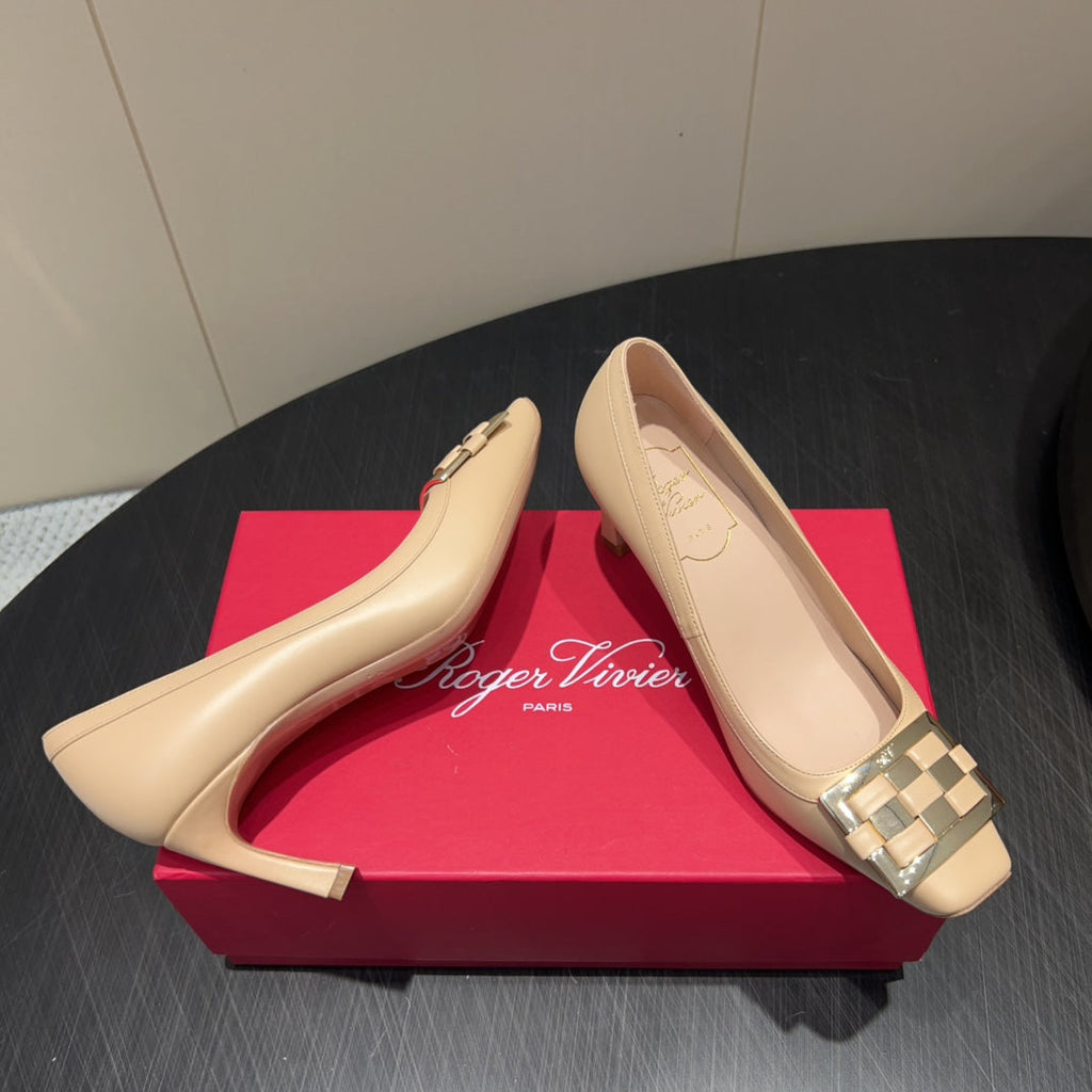 ROGER VIVIER 25S TROMPETTE SQUARE TOE HIGH HEELS 70MM IN NUDE SHINY CALFSKIN