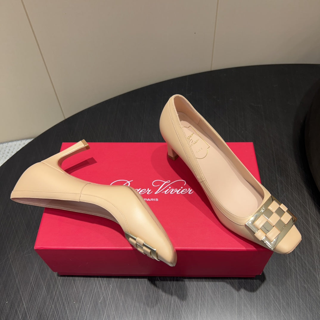 ROGER VIVIER 25S TROMPETTE SQUARE TOE HIGH HEELS 70MM IN NUDE SHINY CALFSKIN