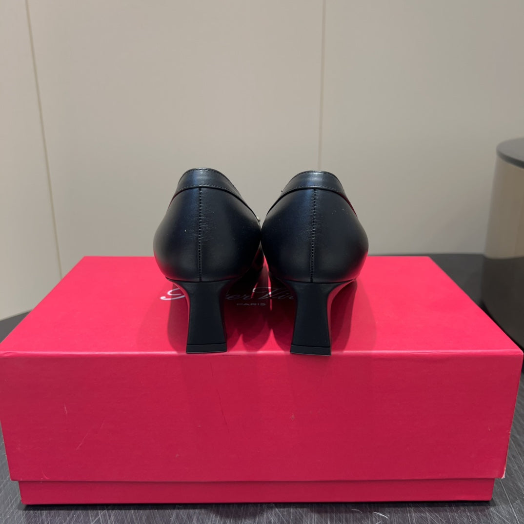 ROGER VIVIER 25S TROMPETTE SQUARE TOE HIGH HEELS 45MM IN BLACK SHINY CALFSKIN