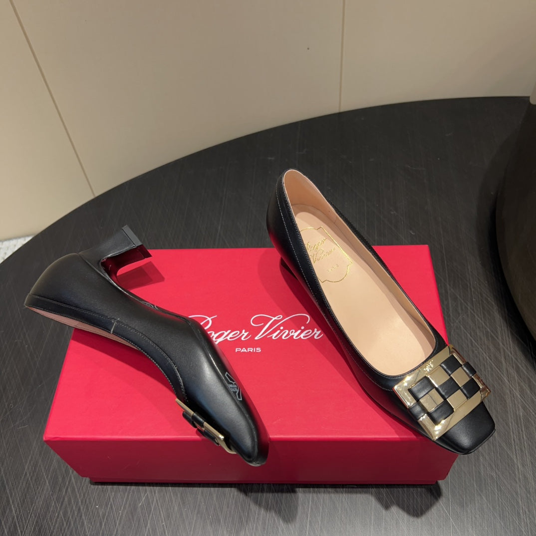 ROGER VIVIER 25S TROMPETTE SQUARE TOE HIGH HEELS 45MM IN BLACK SHINY CALFSKIN