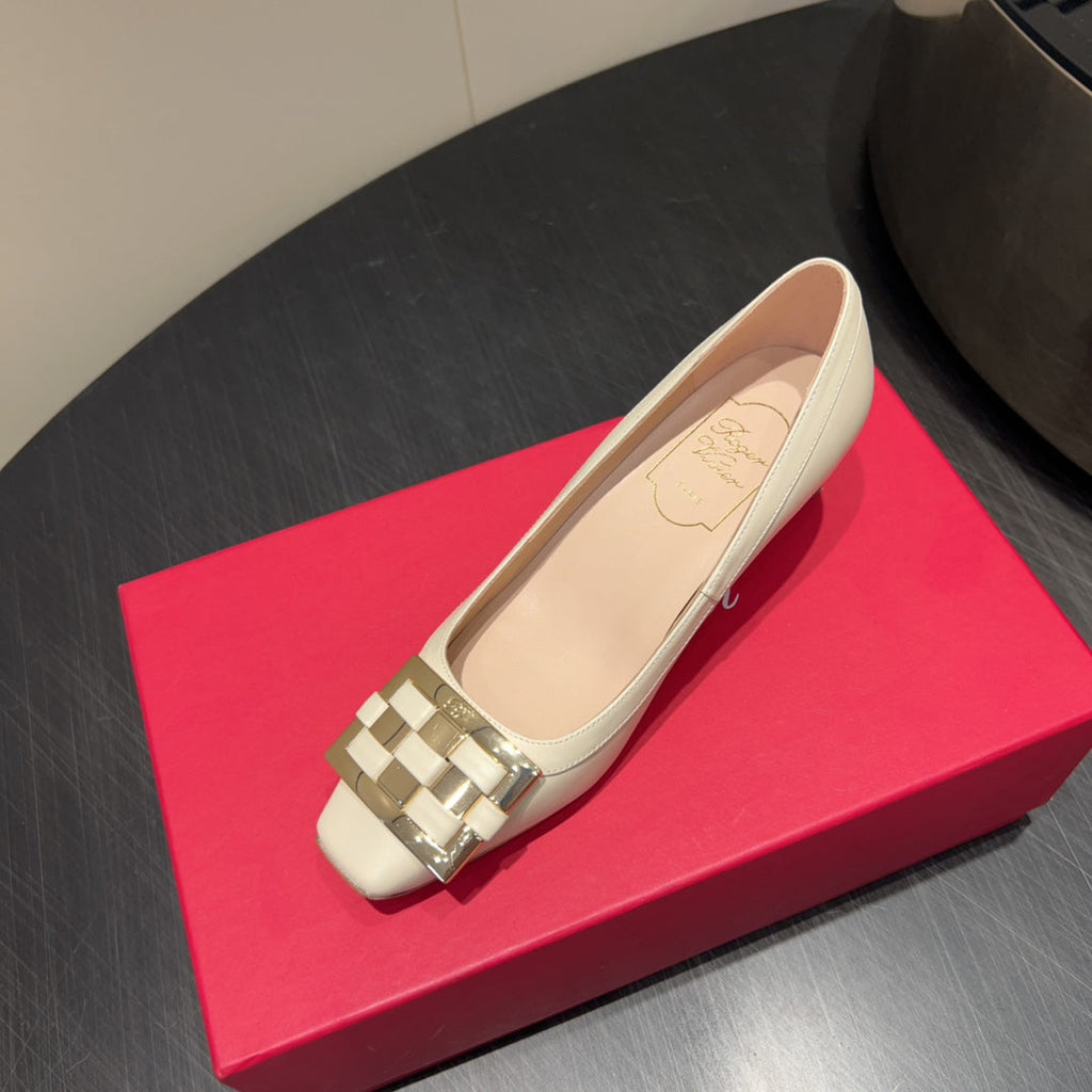 ROGER VIVIER 25S TROMPETTE SQUARE TOE HIGH HEELS 45MM IN IVORY SHINY CALFSKIN