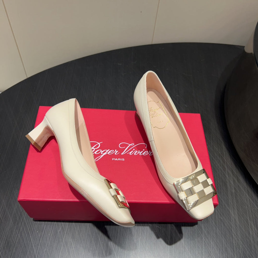 ROGER VIVIER 25S TROMPETTE SQUARE TOE HIGH HEELS 45MM IN IVORY SHINY CALFSKIN