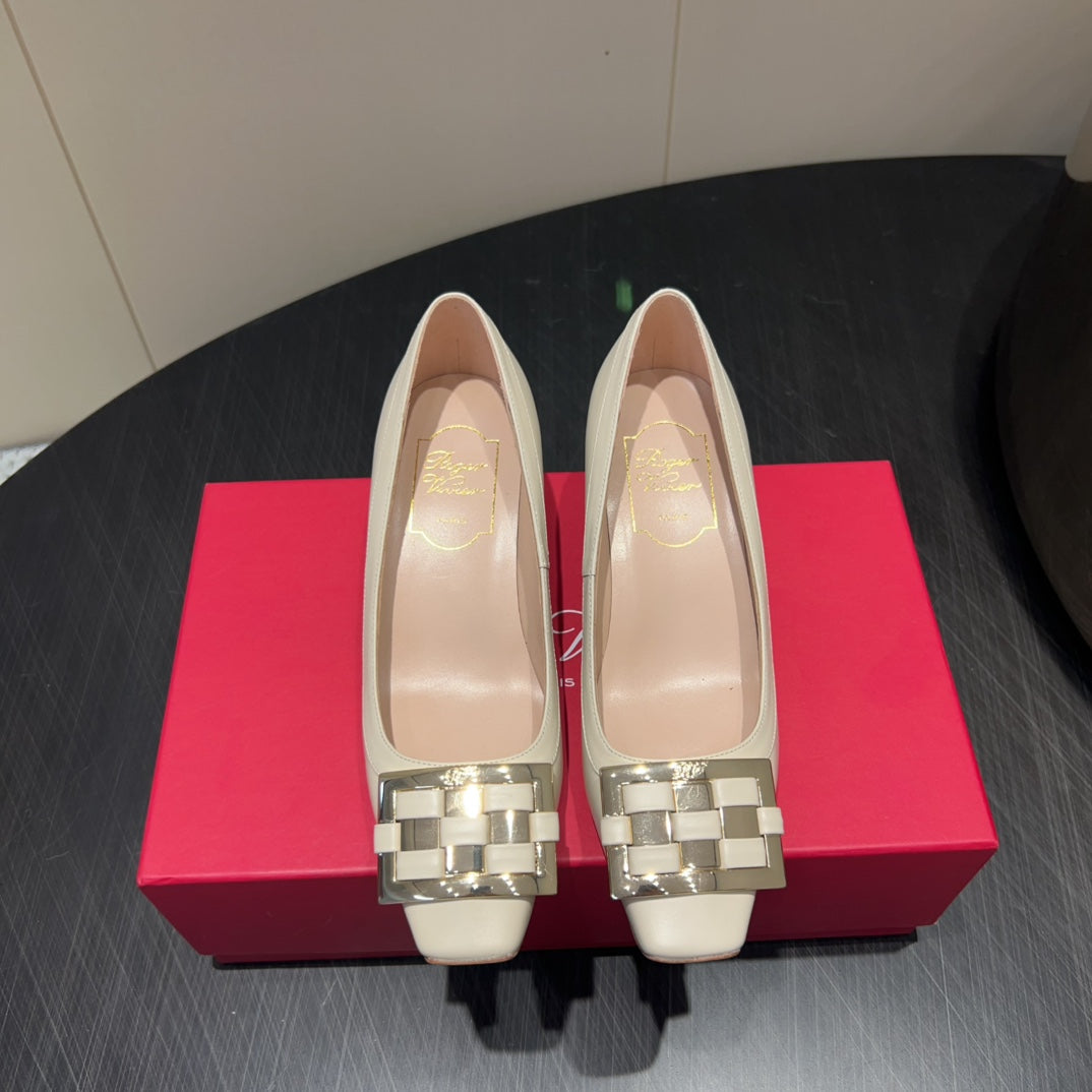 ROGER VIVIER 25S TROMPETTE SQUARE TOE HIGH HEELS 45MM IN IVORY SHINY CALFSKIN