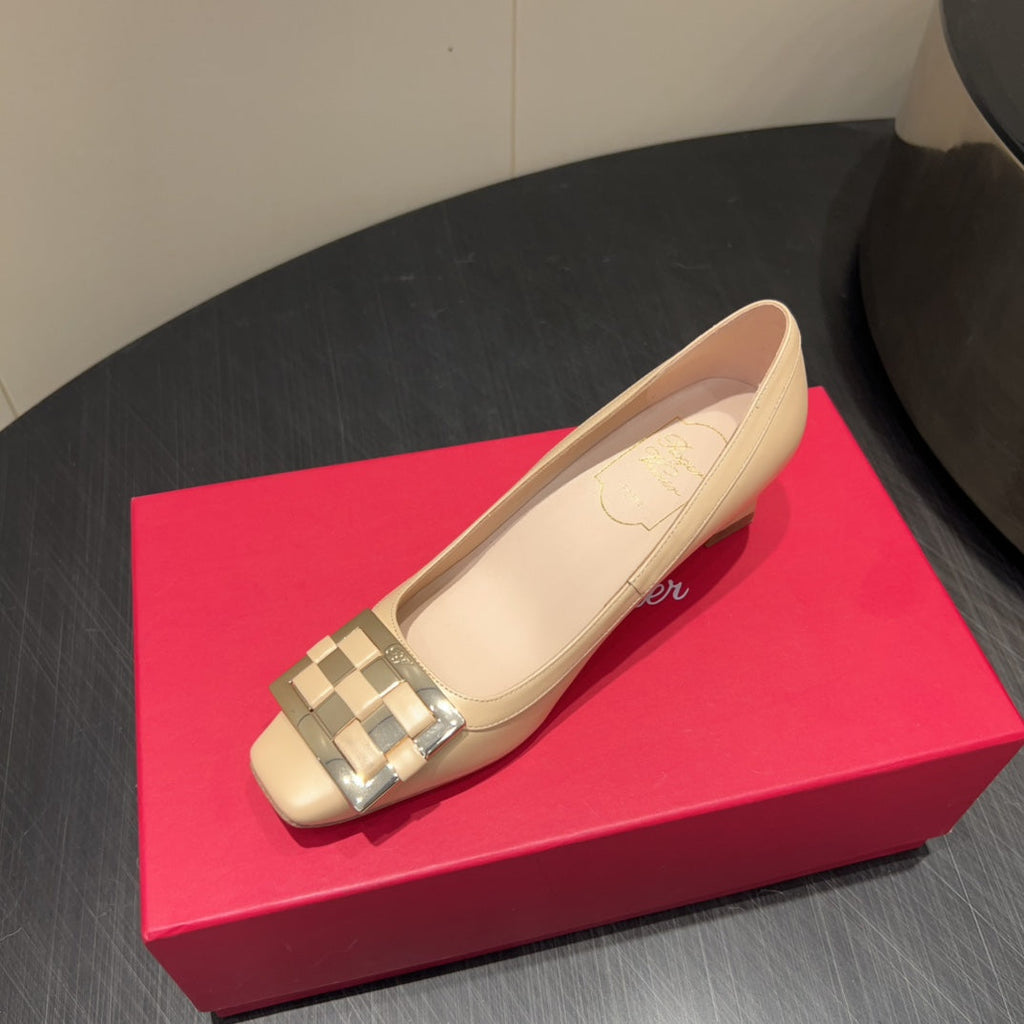 ROGER VIVIER 25S TROMPETTE SQUARE TOE HIGH HEELS 45MM IN NUDE SHINY CALFSKIN