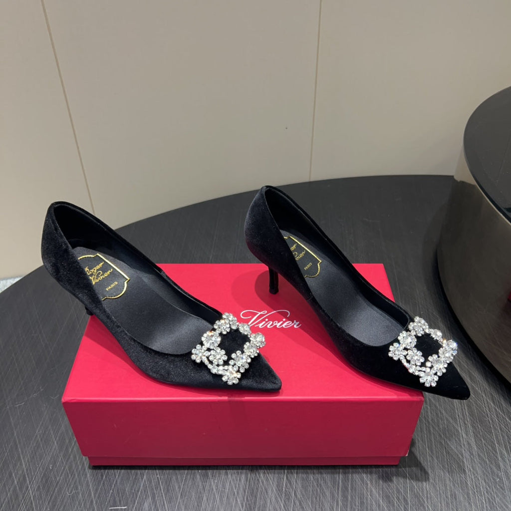 ROGER VIVIER 25S POINTED TOE HIGH HEELS 70MM IN BLACK VELVET EMBELLISHED CRYSTALS