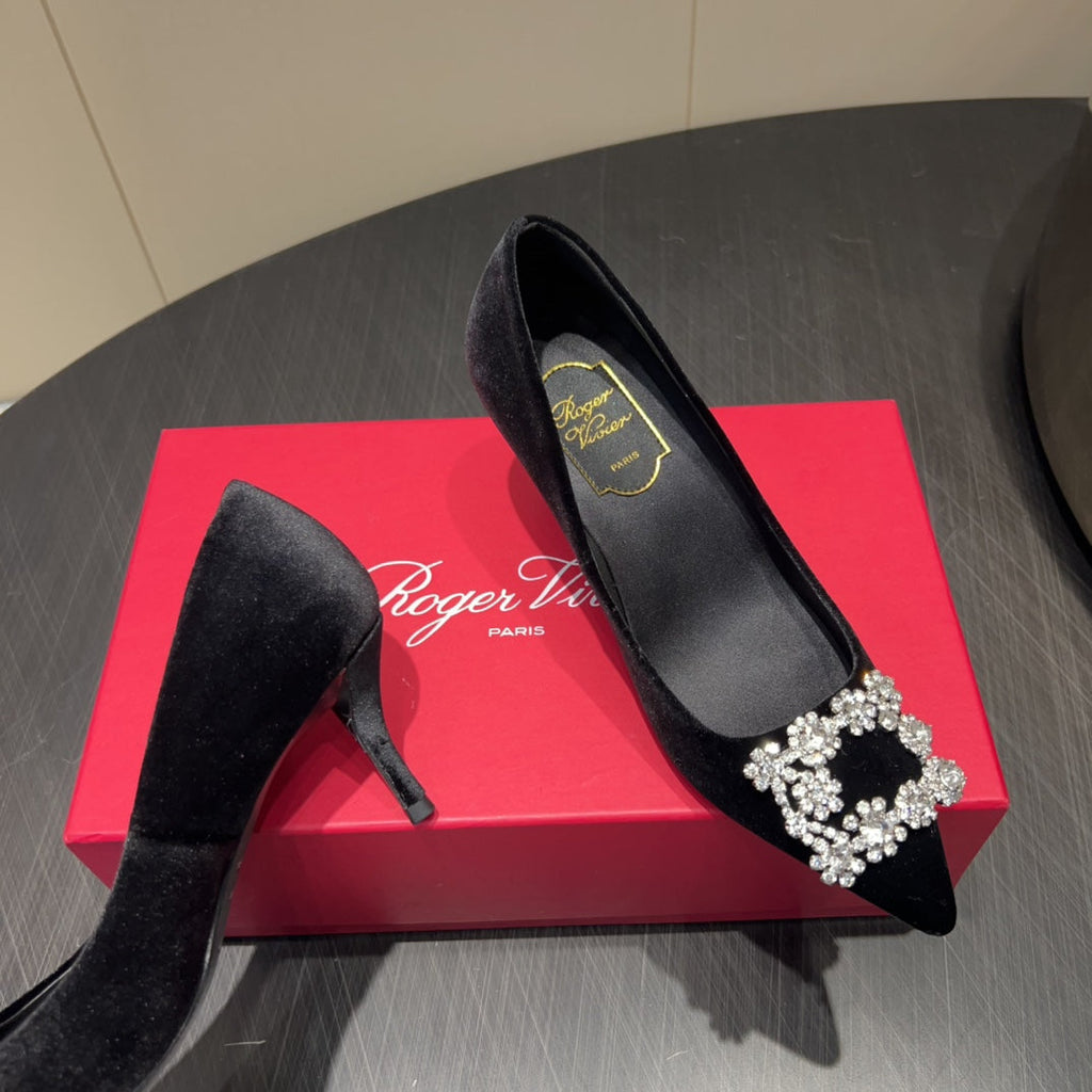 ROGER VIVIER 25S POINTED TOE HIGH HEELS 70MM IN BLACK VELVET EMBELLISHED CRYSTALS