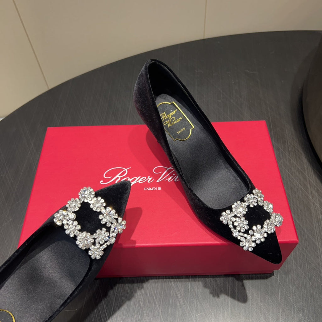 ROGER VIVIER 25S POINTED TOE HIGH HEELS 70MM IN BLACK VELVET EMBELLISHED CRYSTALS