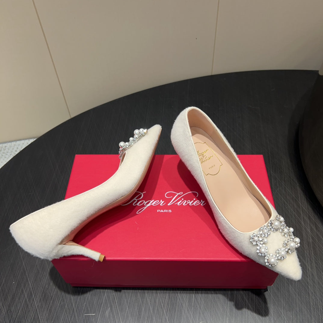 ROGER VIVIER 25S POINTED TOE HIGH HEELS 70MM IN WHITE VELVET EMBELLISHED CRYSTALS