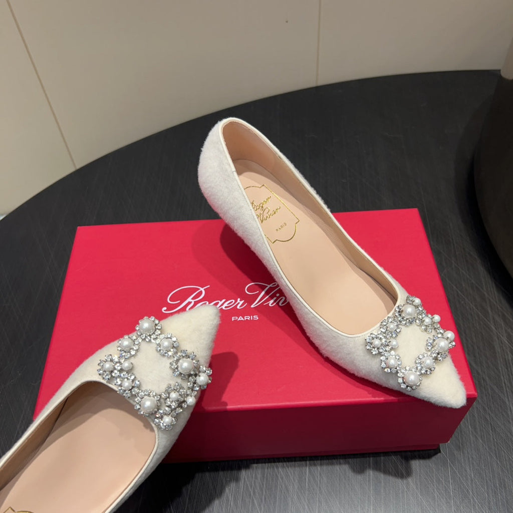 ROGER VIVIER 25S POINTED TOE HIGH HEELS 70MM IN WHITE VELVET EMBELLISHED CRYSTALS