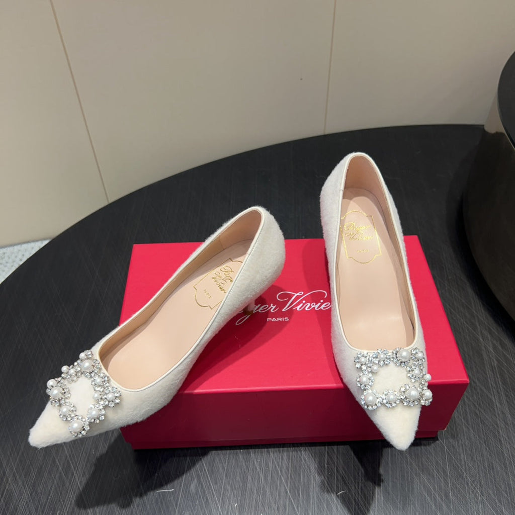 ROGER VIVIER 25S POINTED TOE HIGH HEELS 70MM IN WHITE VELVET EMBELLISHED CRYSTALS