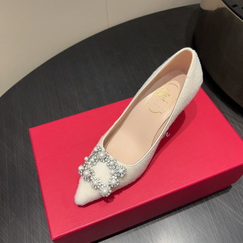 ROGER VIVIER 25S POINTED TOE HIGH HEELS 70MM IN WHITE VELVET EMBELLISHED CRYSTALS
