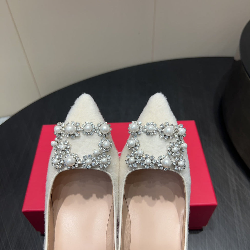ROGER VIVIER 25S POINTED TOE HIGH HEELS 70MM IN WHITE VELVET EMBELLISHED CRYSTALS
