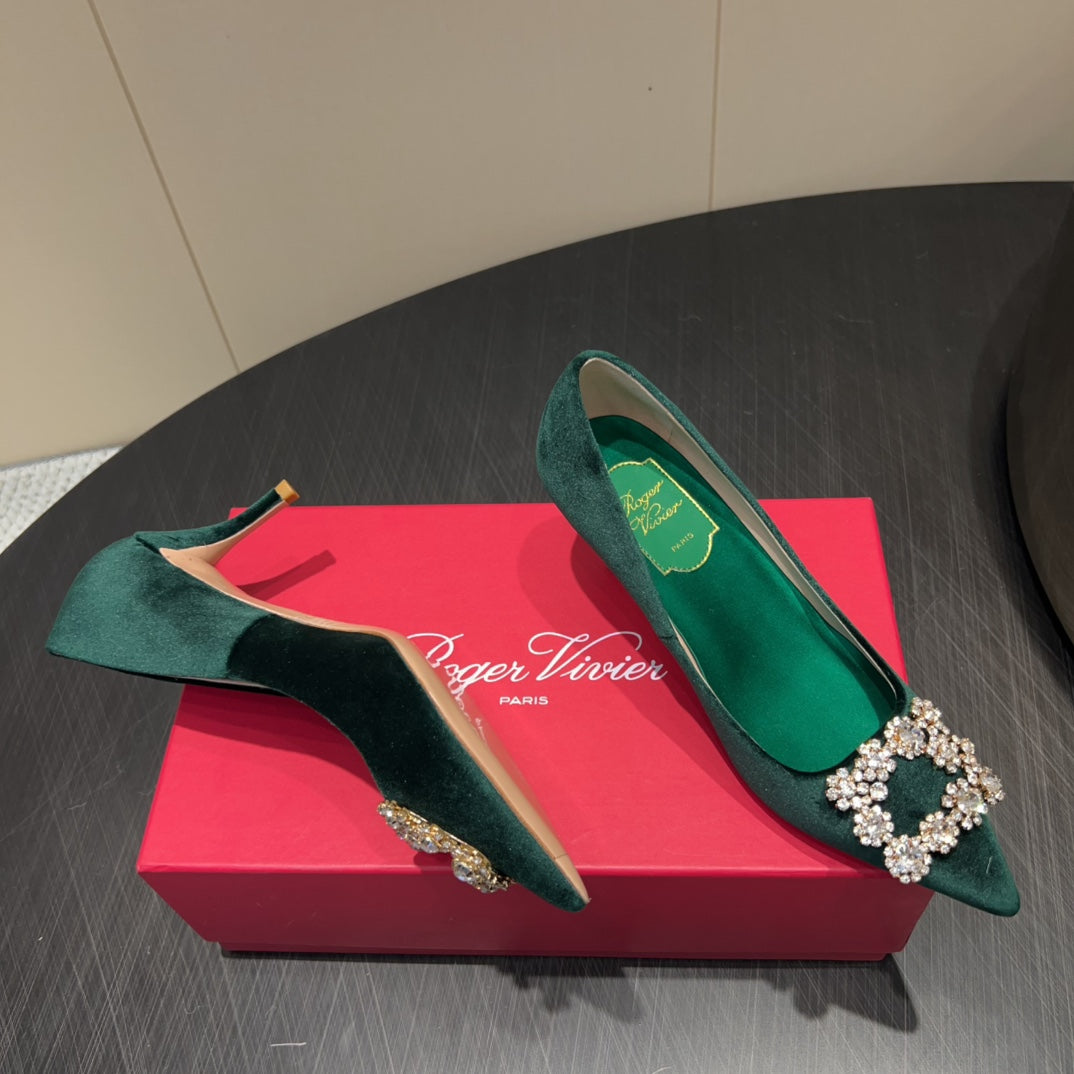 ROGER VIVIER 25S POINTED TOE HIGH HEELS 70MM IN TEAL GREEN VELVET EMBELLISHED CRYSTALS