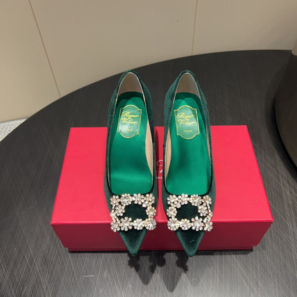 ROGER VIVIER 25S POINTED TOE HIGH HEELS 70MM IN TEAL GREEN VELVET EMBELLISHED CRYSTALS