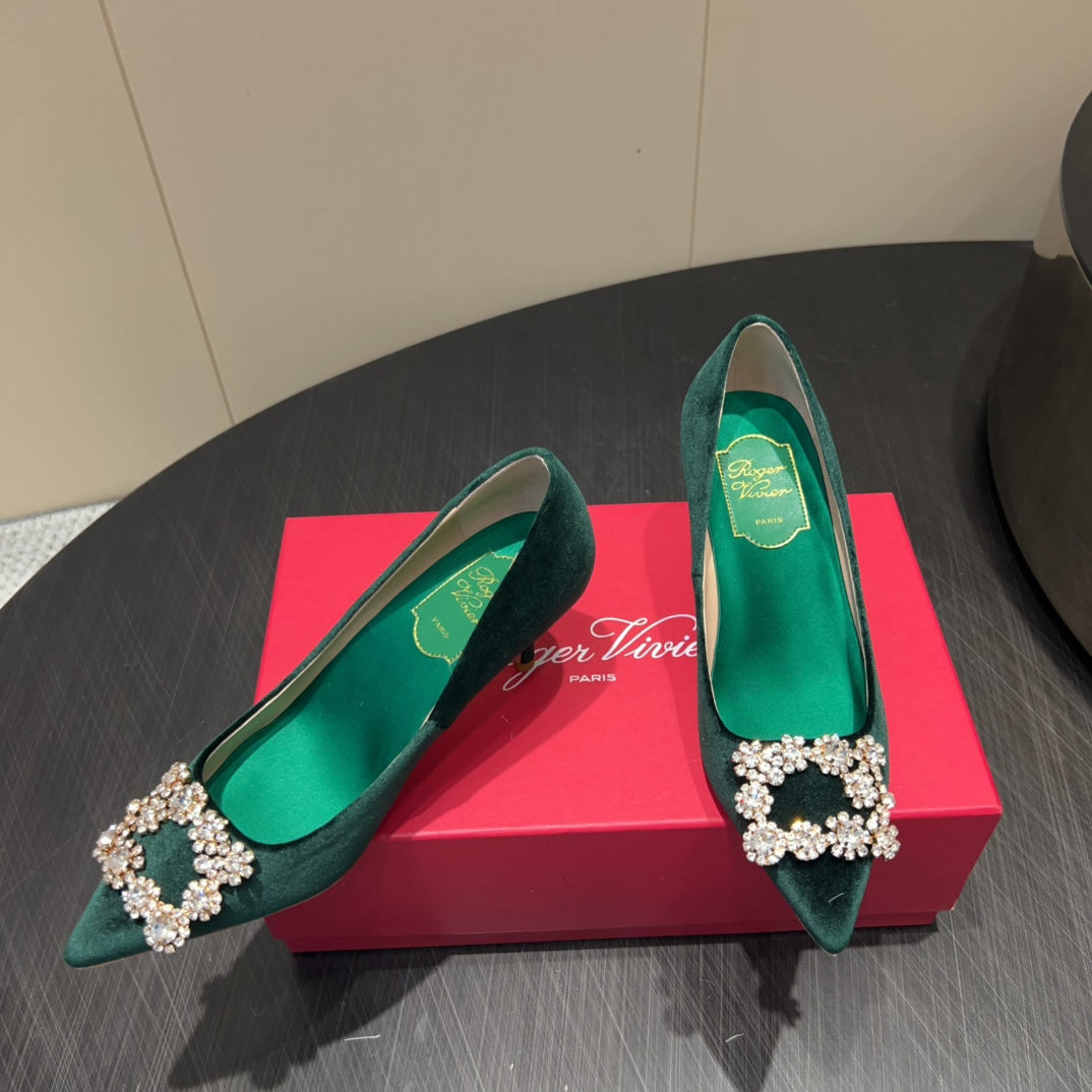 ROGER VIVIER 25S POINTED TOE HIGH HEELS 70MM IN TEAL GREEN VELVET EMBELLISHED CRYSTALS
