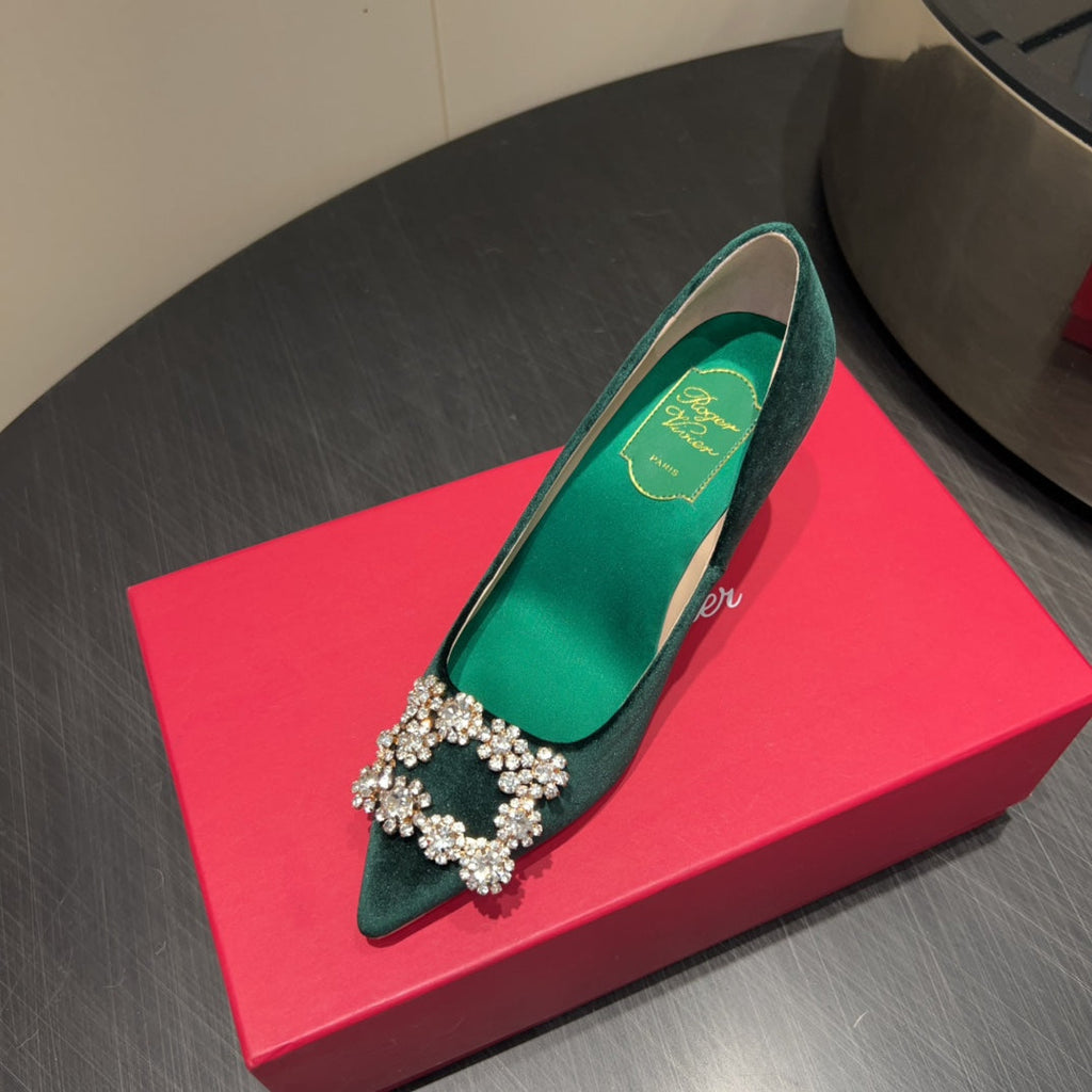 ROGER VIVIER 25S POINTED TOE HIGH HEELS 70MM IN TEAL GREEN VELVET EMBELLISHED CRYSTALS