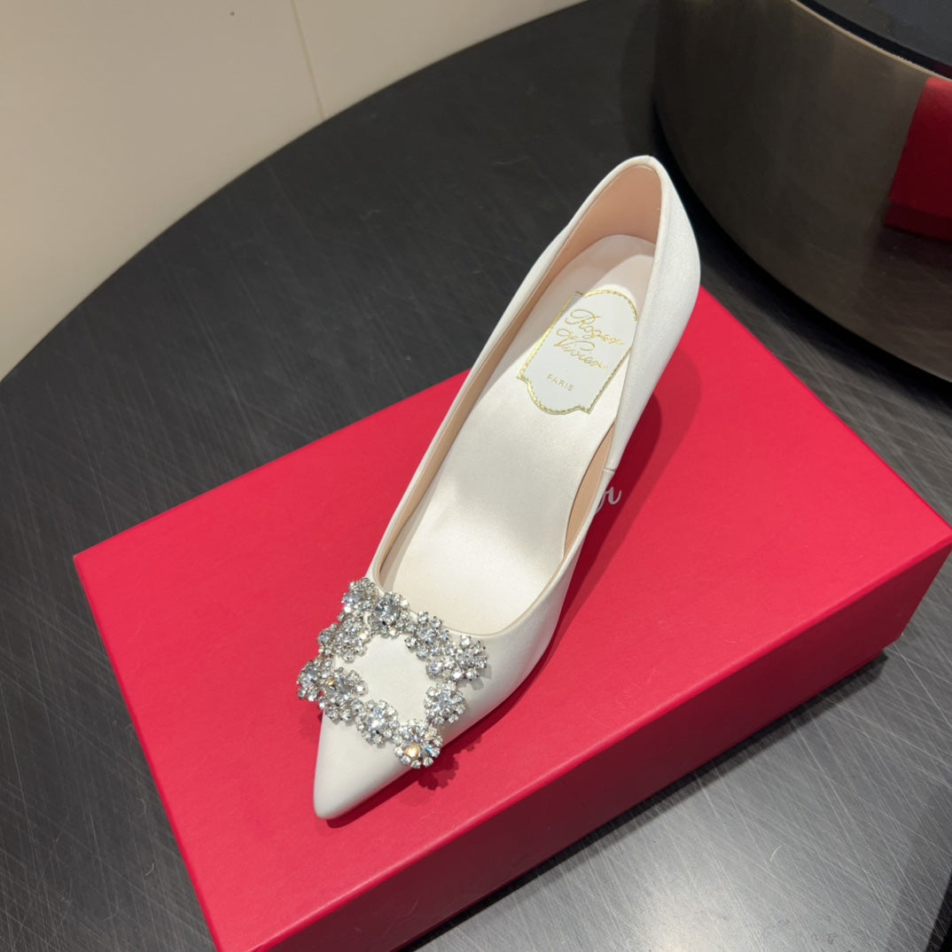 ROGER VIVIER 25S POINTED TOE HIGH HEELS 70MM IN IVORY SILK EMBELLISHED CRYSTALS