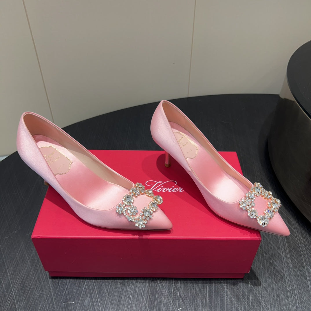 ROGER VIVIER 25S POINTED TOE HIGH HEELS 70MM IN BABY PINK SILK EMBELLISHED CRYSTALS