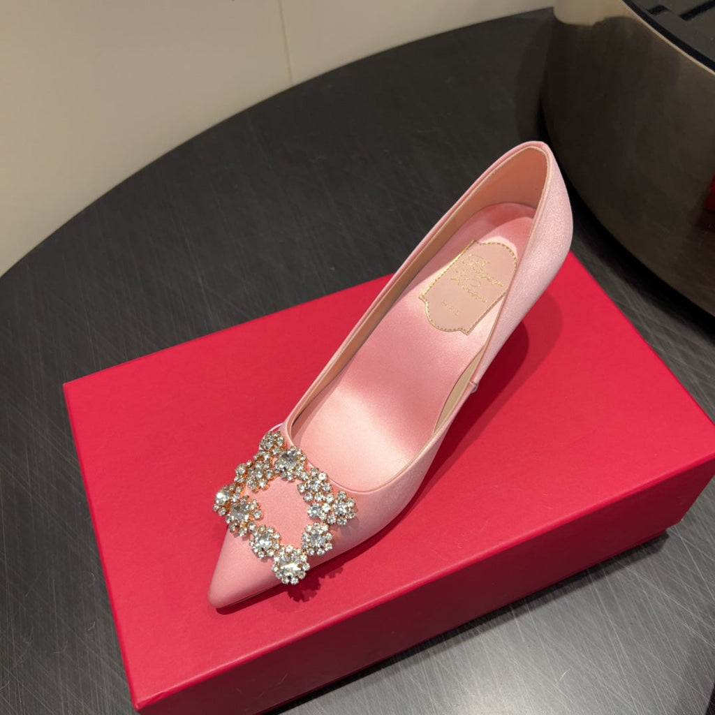 ROGER VIVIER 25S POINTED TOE HIGH HEELS 70MM IN BABY PINK SILK EMBELLISHED CRYSTALS