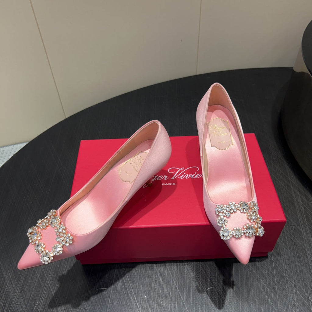 ROGER VIVIER 25S POINTED TOE HIGH HEELS 70MM IN BABY PINK SILK EMBELLISHED CRYSTALS