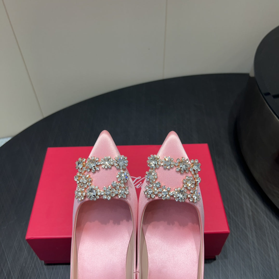 ROGER VIVIER 25S POINTED TOE HIGH HEELS 70MM IN BABY PINK SILK EMBELLISHED CRYSTALS