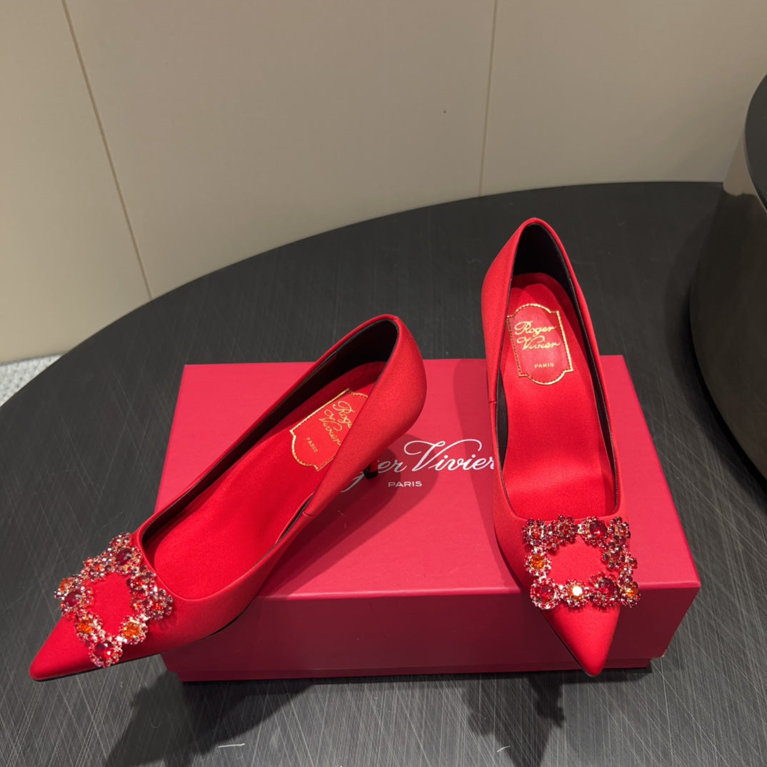 ROGER VIVIER 25S POINTED TOE HIGH HEELS 70MM IN BRIGHT RED SILK EMBELLISHED CRYSTALS