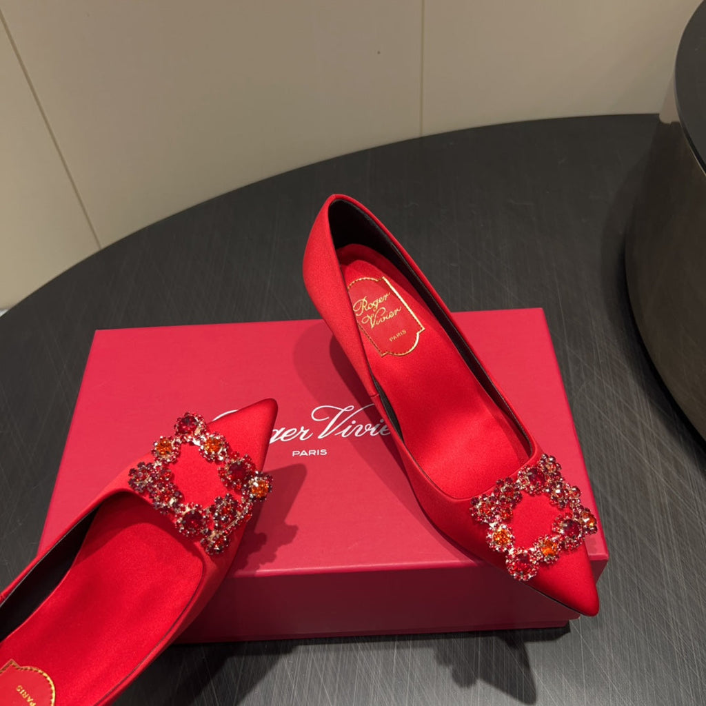ROGER VIVIER 25S POINTED TOE HIGH HEELS 70MM IN BRIGHT RED SILK EMBELLISHED CRYSTALS