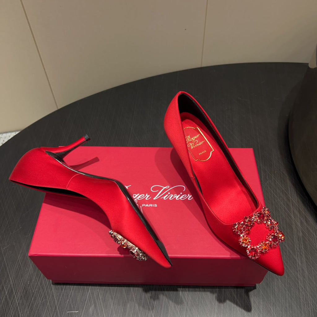 ROGER VIVIER 25S POINTED TOE HIGH HEELS 70MM IN BRIGHT RED SILK EMBELLISHED CRYSTALS